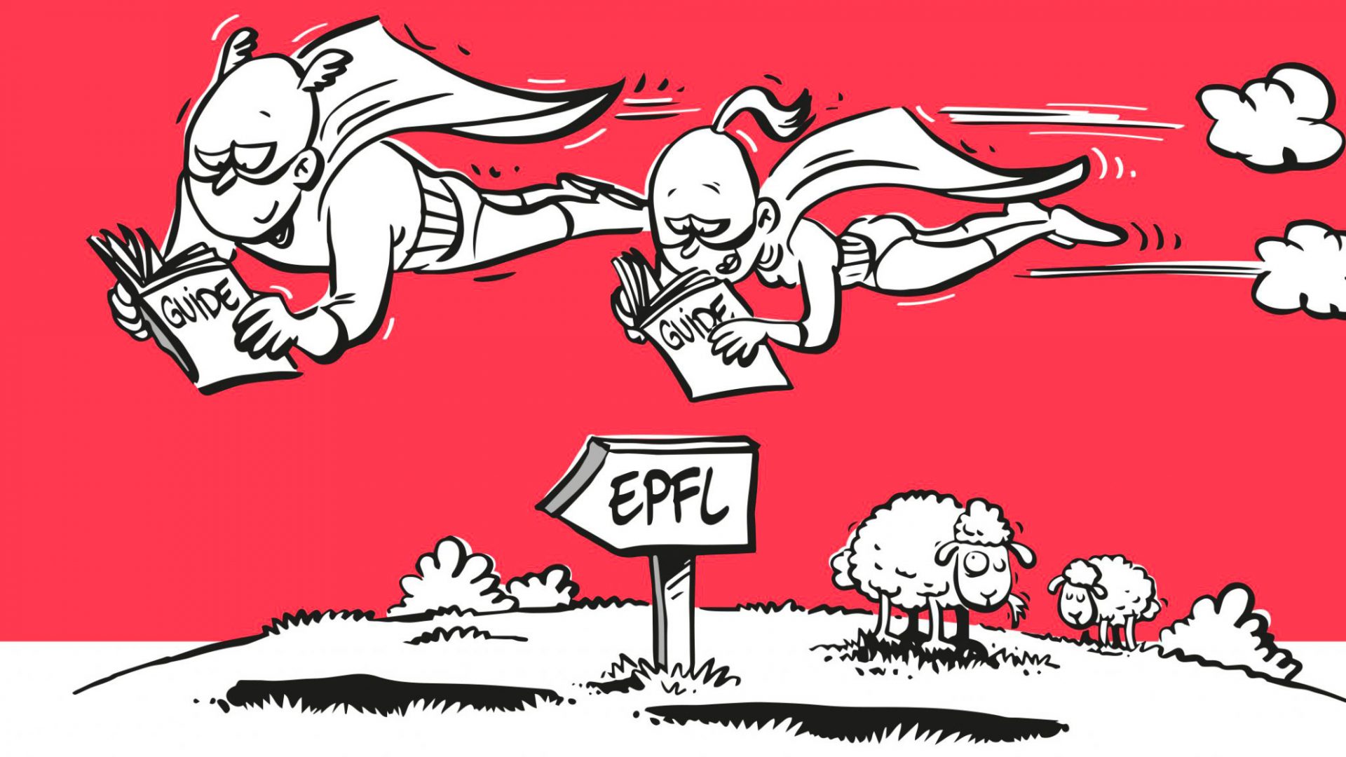 Deux personnages dessinés lisant le Compliance Guide de l'EPFL