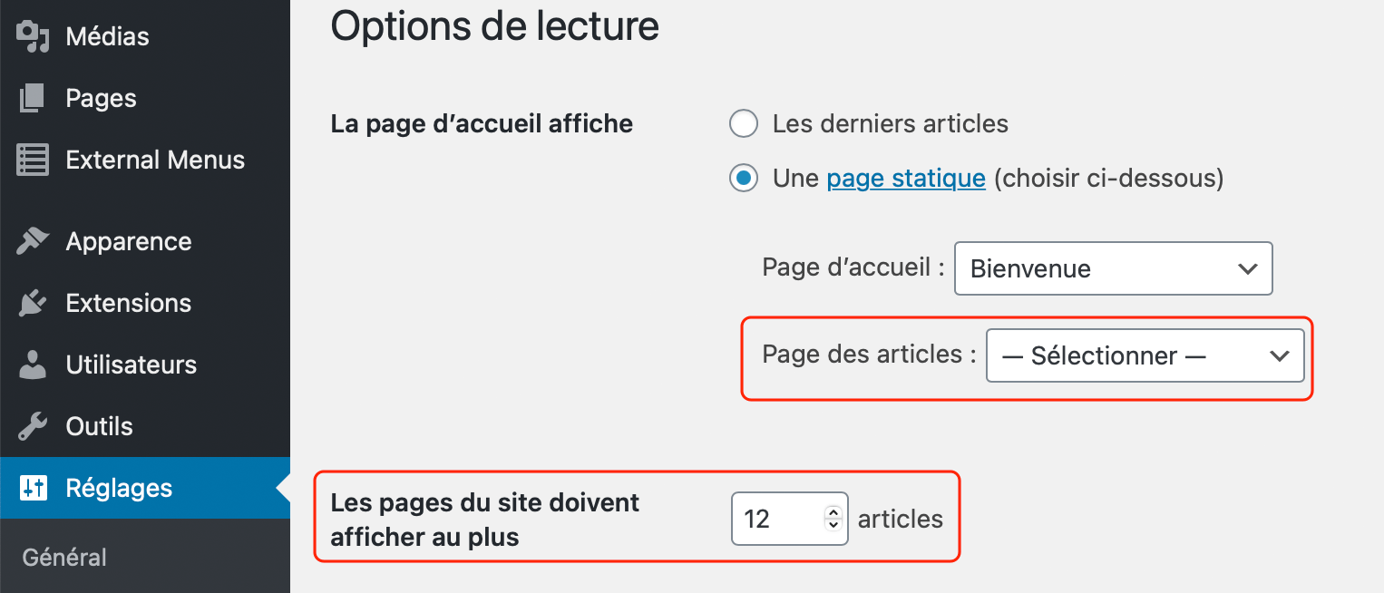 Options d'affichage des articles