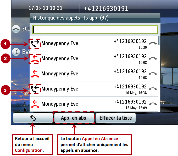 Menu Historique des appels